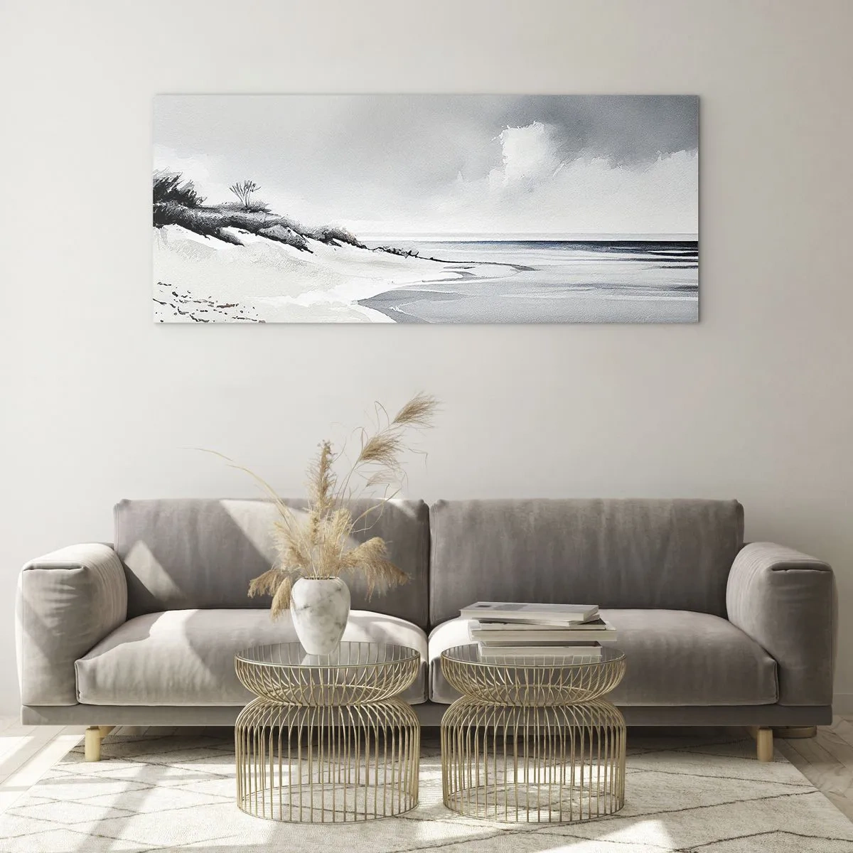 Impression sur verre - Image sur verre - Une plage aux tons sobres de gris et de bleu - 140x50cm - Ensemble depuis toujours - Décoration murale moderne pour le salon et la chambre ARTTOR