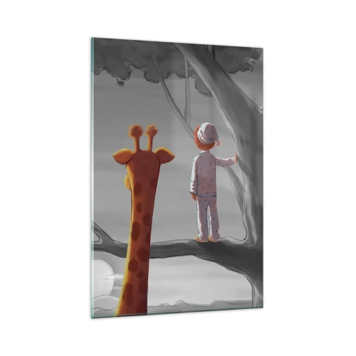 Impression sur verre - Image sur verre - Un enfant et une girafe sur une branche d'arbre dans un paysage de conte de fées - 80x120cm - Cela arrive vraiment - Décoration murale moderne pour le salon et la chambre ARTTOR
