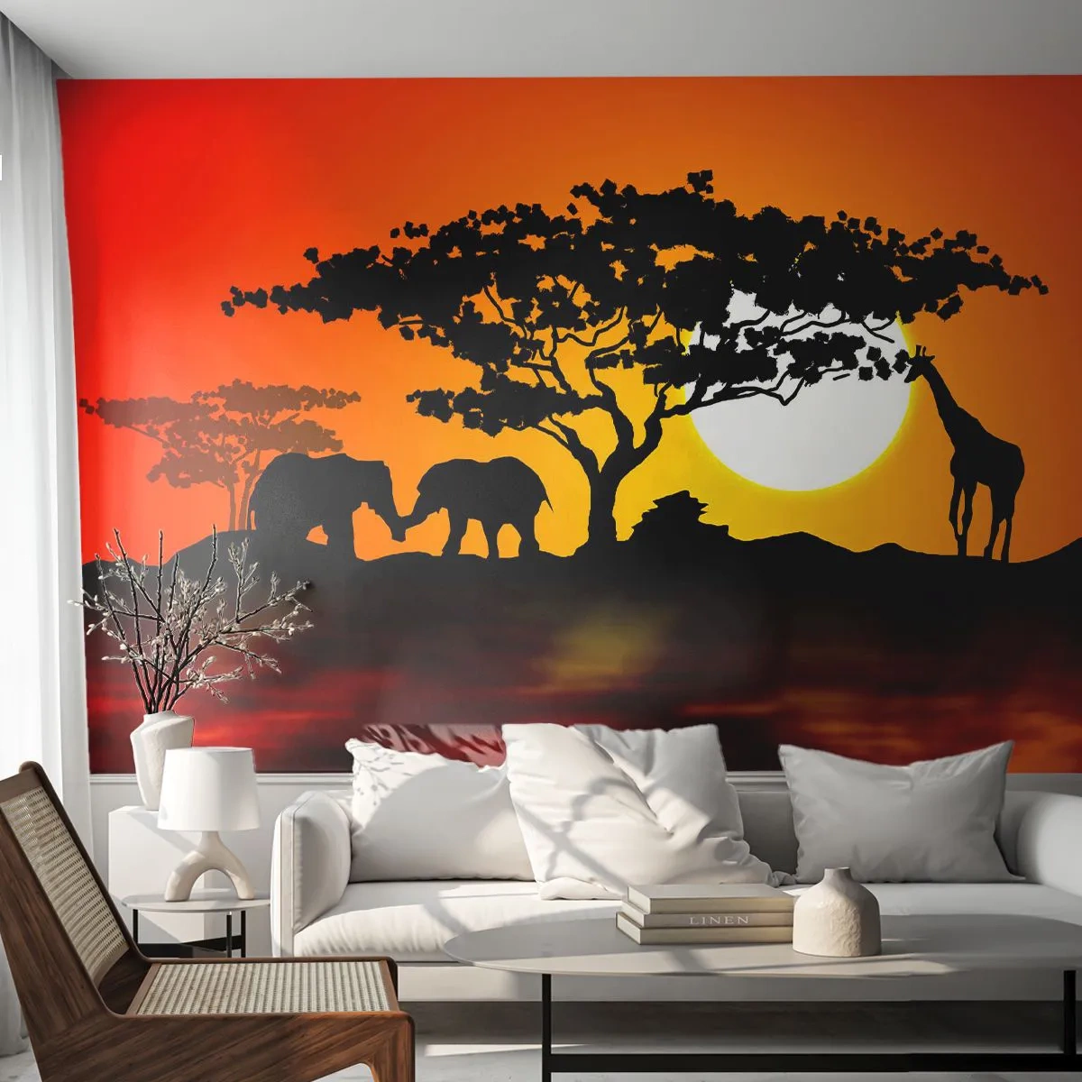 Papier Peint Autocollant Deluxe Sticker - Rencontre dans la savane - Animaux, Afrique, Girafe - 250x175 cm