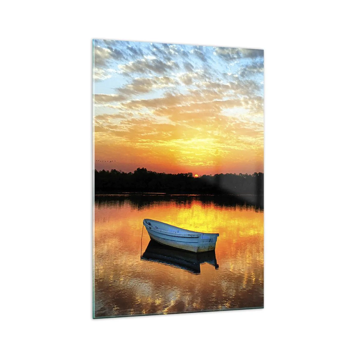 Impression sur verre - Image sur verre - Un bateau sur un lac calme au coucher du soleil - 70x100cm - Regardez, écoutez, méditez - Décoration murale moderne pour le salon et la chambre ARTTOR