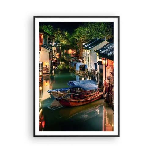 Affiche dans un cadre noir - Poster - Soirée dans une rue chinoise - 70x100 cm