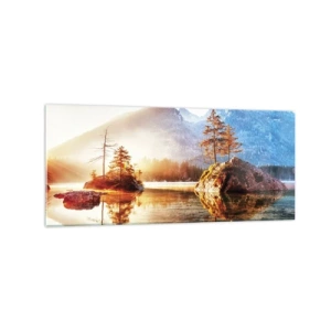 Impression sur verre - Image sur verre - Un lac avec des îles et des montagnes en arrière-plan au lever du soleil - 120x50cm - La nature sous un nouveau jour - Décoration murale moderne pour le salon et la chambre ARTTOR