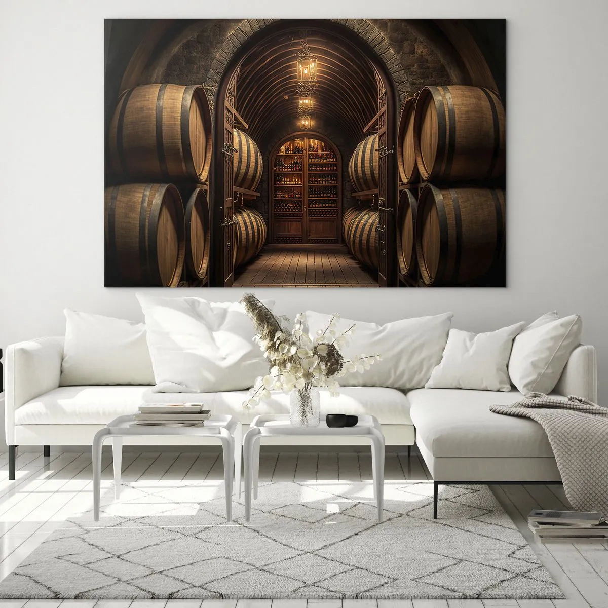 Impression sur verre - Image sur verre - Un vignoble avec des barriques et une cave éclairée pleine de bouteilles - 70x50cm - Cave climatisée - Décoration murale moderne pour le salon et la chambre ARTTOR