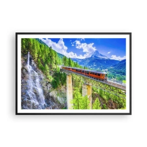 Affiche dans un cadre noir - Poster - Des montagnes russes sur un pont avec vue sur une cascade et des montagnes - 100x70cm - Train dans les Alpes - Décoration murale moderne pour le salon et la chambre ARTTOR