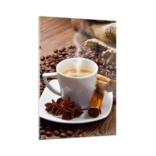 Impression sur verre - Image sur verre - Une tasse de café avec de la cannelle et des grains de café sur une table en bois - 50x70cm - Saveur et arôme épicés - Décoration murale moderne pour le salon et la chambre ARTTOR