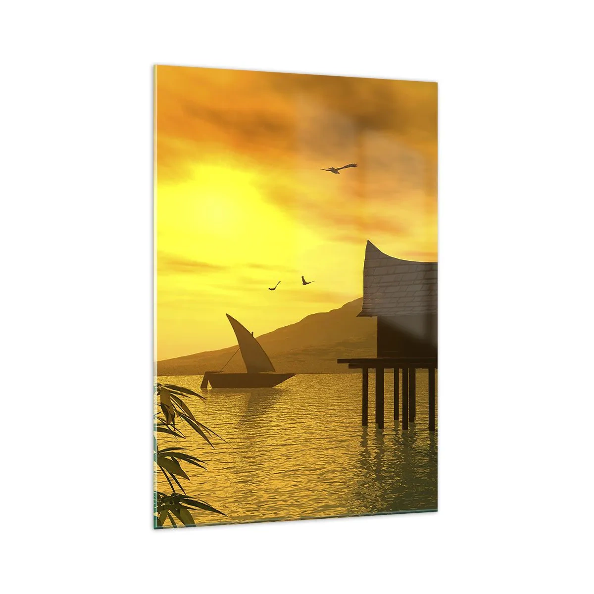 Impression sur verre - Image sur verre - Coucher de soleil tropical sur l'eau avec une maison en bois sur pilotis. - 70x100cm - La paix tant désirée - Décoration murale moderne pour le salon et la chambre ARTTOR