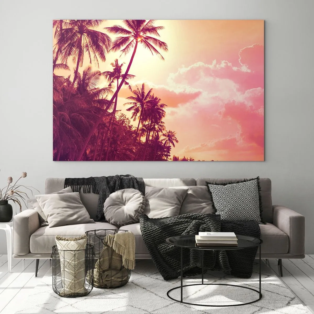 Impression sur verre - Image sur verre - Palmiers tropicaux à la lumière du soleil couchant sur un ciel rose - 70x50cm - Tu dois choisir - Décoration murale moderne pour le salon et la chambre ARTTOR