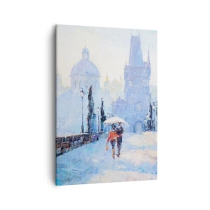 Impression sur toile - Image sur toile - Couple romantique sur un pont sous la pluie, une scène picturale - 50x70cm - La pluie a dû nous charmer - Décoration murale moderne pour le salon et la chambre ARTTOR
