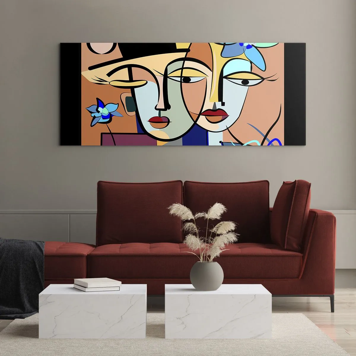 Impression sur verre - Image sur verre - Portraits cubistes aux couleurs vives avec un motif floral - 160x50cm - Le Rendez-vous de Picasso - Décoration murale moderne pour le salon et la chambre ARTTOR