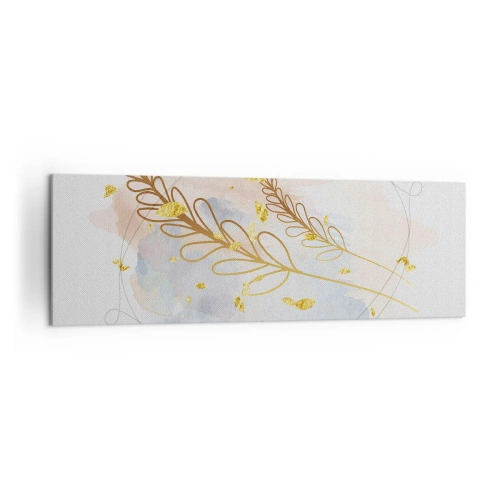 Impression sur toile - Image sur toile - Un délicat motif de feuille dorée sur un fond pastel avec des détails aquarelles. - 160x50cm - Explosion d'or - Décoration murale moderne pour le salon et la chambre ARTTOR