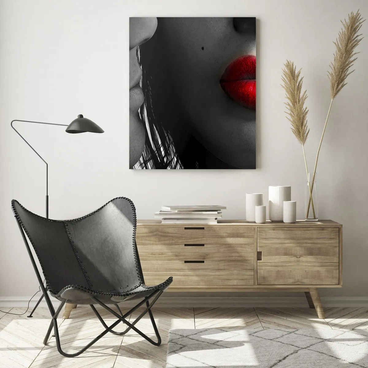 Impression sur verre - Image sur verre - Gros plan des visages d'une femme et d'un homme aux lèvres rouges. - 70x100cm - Face à face - Décoration murale moderne pour le salon et la chambre ARTTOR