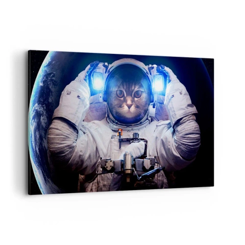 Impression sur toile - Image sur toile - Un chat dans une combinaison d'astronaute avec la Terre en arrière-plan et une lumière vive. - 100x70cm - Houston, vous avez un problème - Décoration murale moderne pour le salon et la chambre ARTTOR