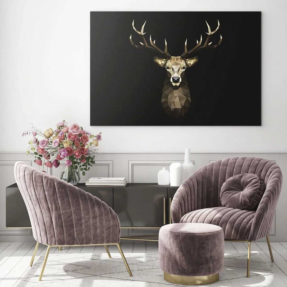 Impression sur verre - Image sur verre - Cerf géométrique sur fond noir - 100x70cm - Cerf cubique - Décoration murale moderne pour le salon et la chambre ARTTOR