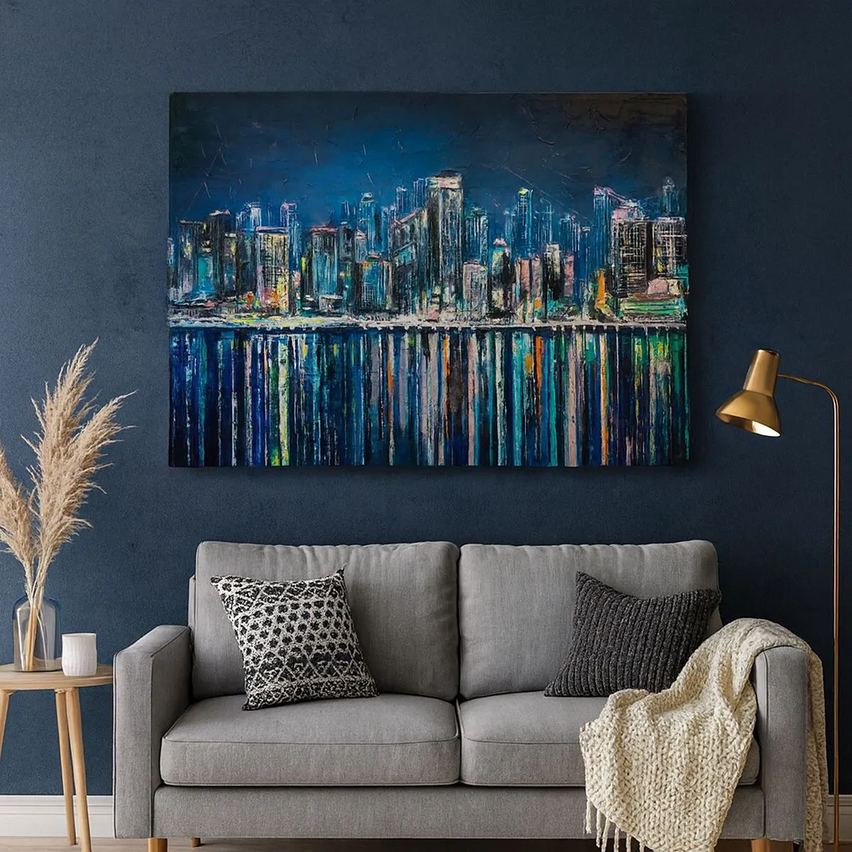 Impression sur toile - Image sur toile - Panorama de la ville nocturne reflétée dans l'eau - 70x50cm - Cascade de lumières - Décoration murale moderne pour le salon et la chambre ARTTOR