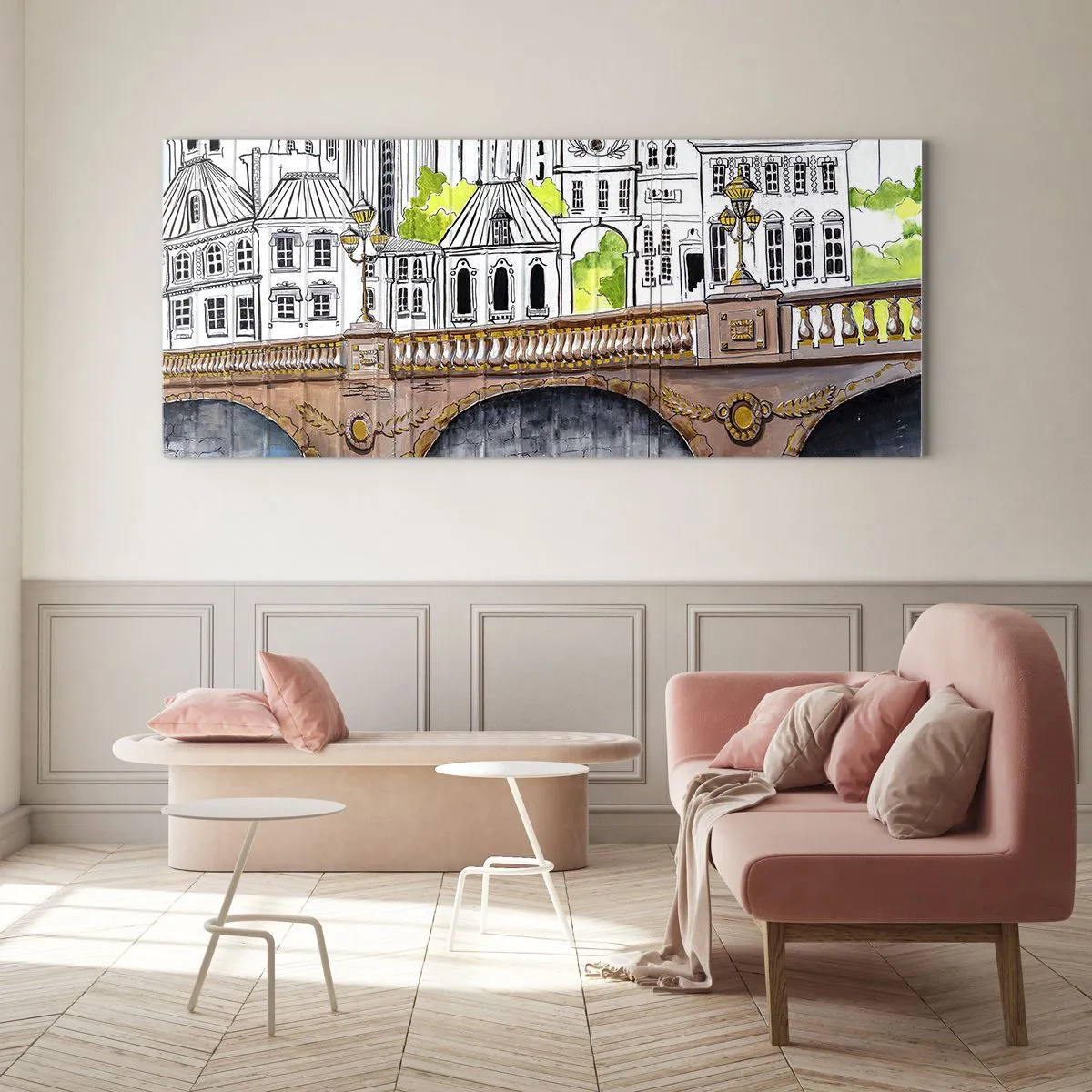 Impression sur verre - Image sur verre - Dessin du pont et de l'architecture urbaine historique - 160x50cm - Une ville comme peinte - Décoration murale moderne pour le salon et la chambre ARTTOR