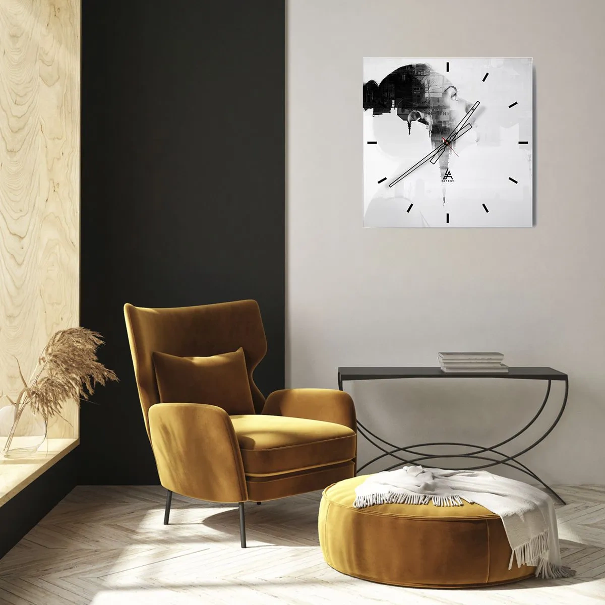 Horloge murale - Pendule murale - Portrait d'une femme avec le contour d'une ville en arrière-plan, couleurs noir et blanc - 30x30cm - Des deux côtés du verre - Décoration murale moderne pour le salon et la chambre ARTTOR