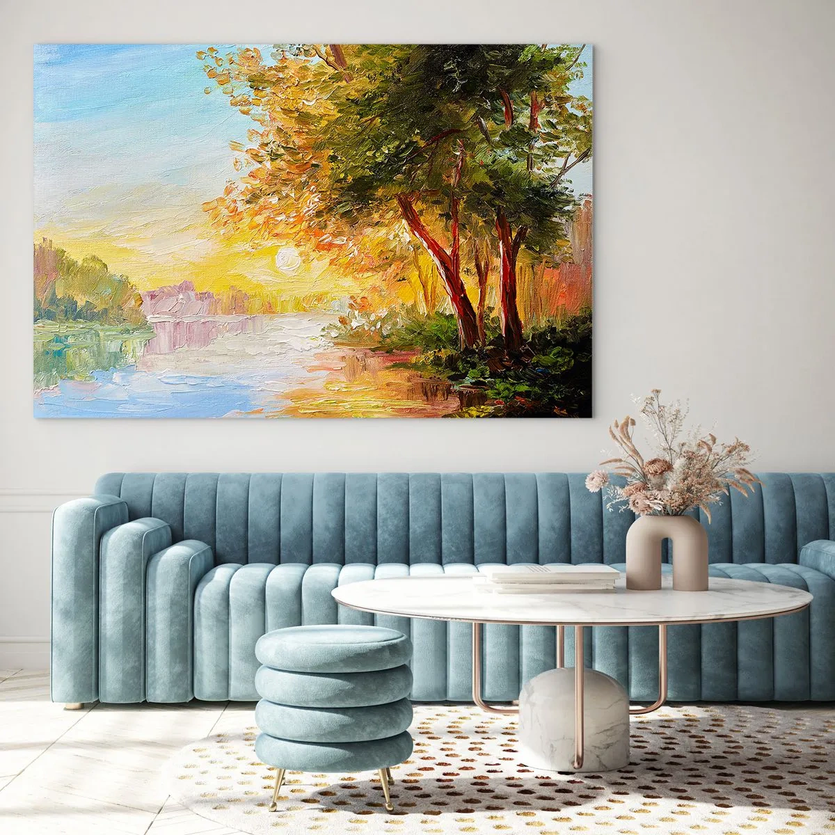 Impression sur verre - Image sur verre - Lac avec des arbres au coucher du soleil - 70x50cm - Et in Arcadia ego - Décoration murale moderne pour le salon et la chambre ARTTOR