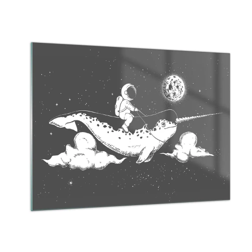Impression sur verre - Image sur verre - Un astronaute chevauchant un narval dans un décor spatial - 70x50cm - Cavalier de l'espace - Décoration murale moderne pour le salon et la chambre ARTTOR