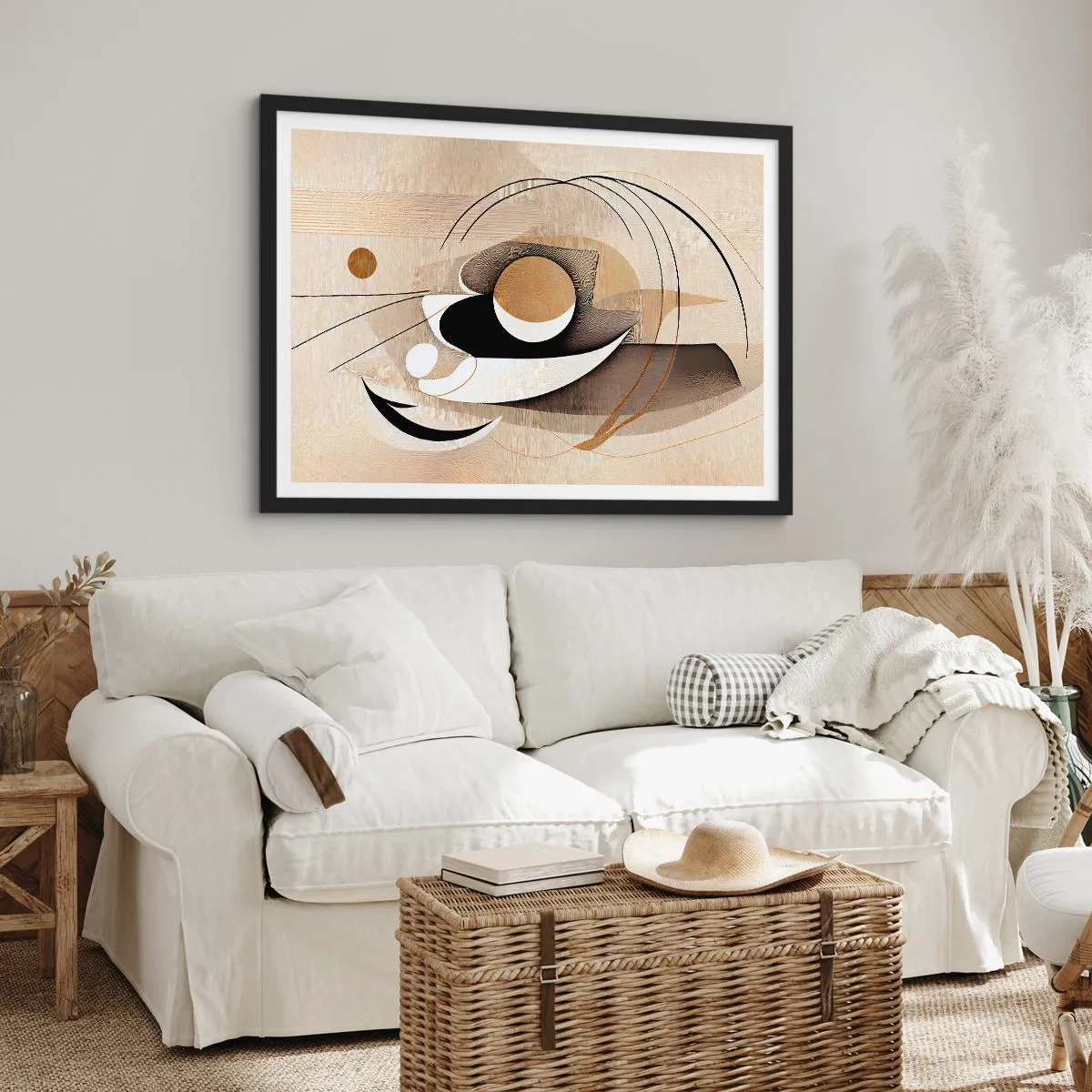 Affiche dans un cadre noir - Poster - Composition abstraite dans les tons beige et noir - 70x50cm - Composition : l'essence des choses - Décoration murale moderne pour le salon et la chambre ARTTOR