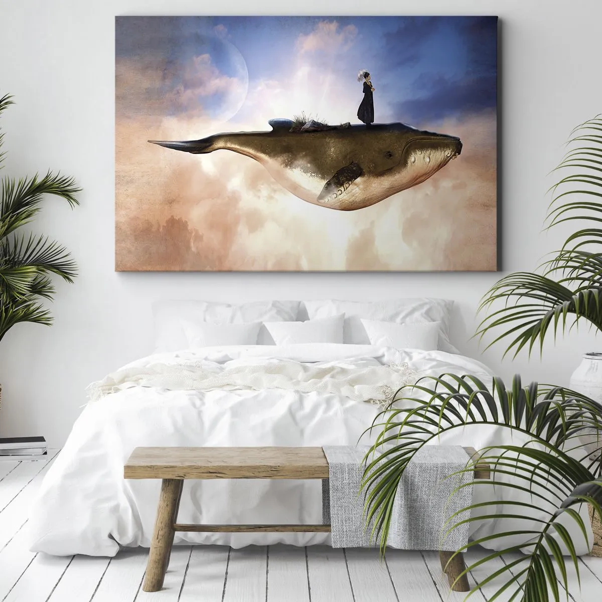 Impression sur toile - Image sur toile - Une scène fantastique d'une femme sur une baleine parmi les nuages - 120x80cm - Voyage irréel - Décoration murale moderne pour le salon et la chambre ARTTOR