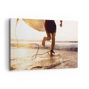 Impression sur toile - Image sur toile - Un surfeur court le long de la plage avec sa planche au soleil. - 120x80cm - A la rencontre des vagues - Décoration murale moderne pour le salon et la chambre ARTTOR