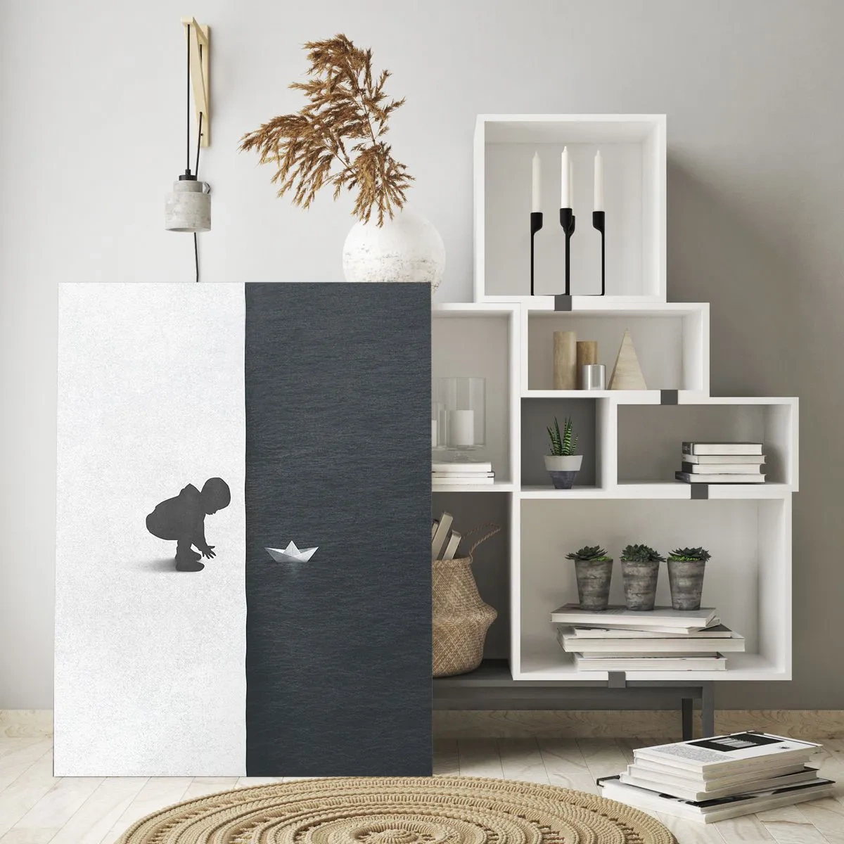 Impression sur verre - Image sur verre - Une figure d'enfant avec un bateau en papier sur un fond de moitiés contrastées - 80x120cm - Grande expédition - Décoration murale moderne pour le salon et la chambre ARTTOR