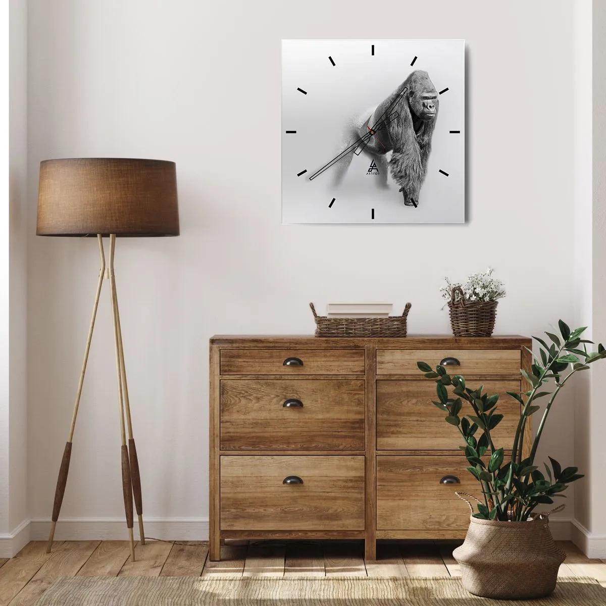Horloge murale - Pendule murale - Gorille aux tons monochromes sur fond blanc - 30x30cm - Confiant en sa force - Décoration murale moderne pour le salon et la chambre ARTTOR