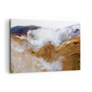 Impression sur toile - Image sur toile - Un paysage de montagne avec de la vapeur dans un climat rigoureux - 120x80cm - Le charme brut de l'Islande - Décoration murale moderne pour le salon et la chambre ARTTOR