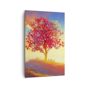 Impression sur toile - Image sur toile - Une silhouette sur une colline à côté d'un arbre coloré à la lumière du soleil couchant - 80x120cm - Pèlerin à destination - Décoration murale moderne pour le salon et la chambre ARTTOR