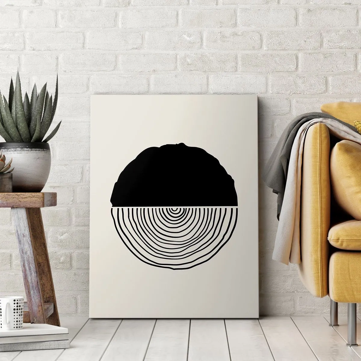 Impression sur toile - Image sur toile - Un motif abstrait en noir et blanc inspiré d'une coupe transversale de bois avec une division géométrique. - 50x70cm - Moitié-moitié - Décoration murale moderne pour le salon et la chambre ARTTOR