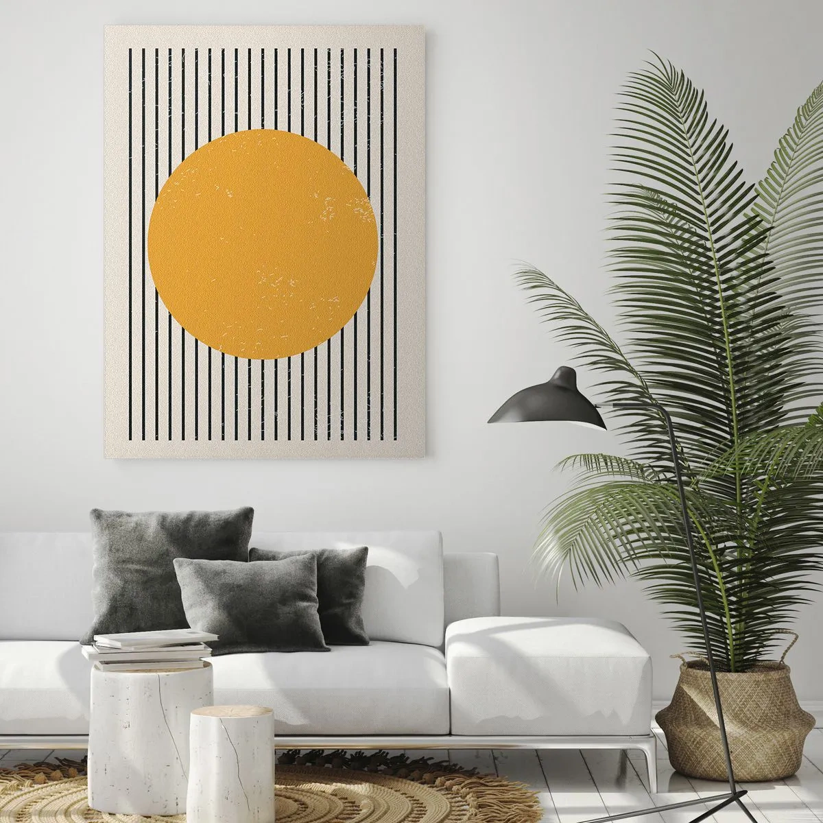 Impression sur verre - Image sur verre - Un cercle jaune sur un fond de lignes horizontales noires et blanches - 80x120cm - Le pouvoir de la simplicité - Décoration murale moderne pour le salon et la chambre ARTTOR