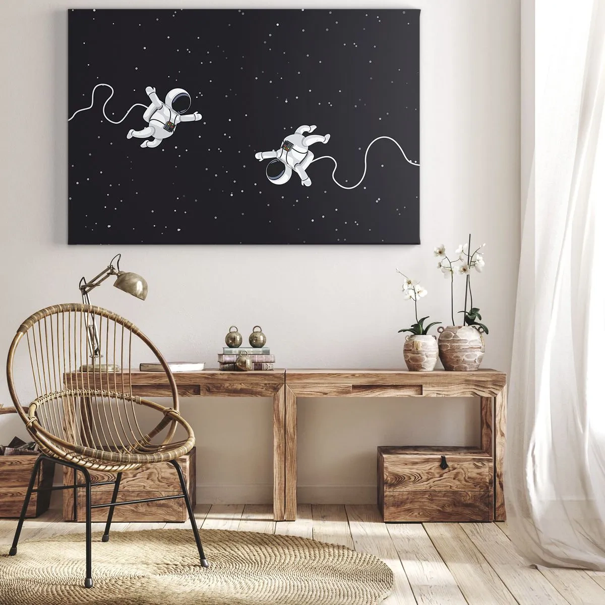 Impression sur toile - Image sur toile - Des astronautes flottant dans l'espace sur fond d'étoiles - 70x50cm - Sortie cosmique - Décoration murale moderne pour le salon et la chambre ARTTOR