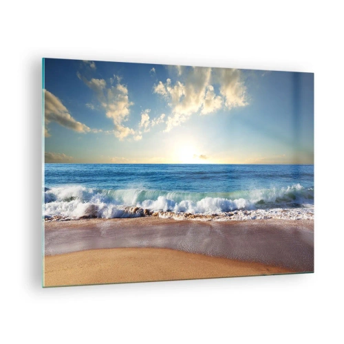 Impression sur verre - Image sur verre - Vagues de l'océan s'écrasant sur une plage dorée au lever du soleil - 70x50cm - Mouvement et immobilité à la fois - Décoration murale moderne pour le salon et la chambre ARTTOR