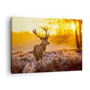 Impression sur toile - Image sur toile - Un cerf sur fond de forêt d'automne illuminée par le soleil doré - 70x50cm - Roi de la forêt automnal - Décoration murale moderne pour le salon et la chambre ARTTOR