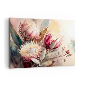 Impression sur toile - Image sur toile - Fleurs de Protea aux tons pastel délicats - 120x80cm - De profil et de face - Décoration murale moderne pour le salon et la chambre ARTTOR