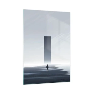 Impression sur verre - Image sur verre - Un paysage minimaliste avec une figure et un monolithe au loin. - 50x70cm - Opportunité ou menace ? - Décoration murale moderne pour le salon et la chambre ARTTOR