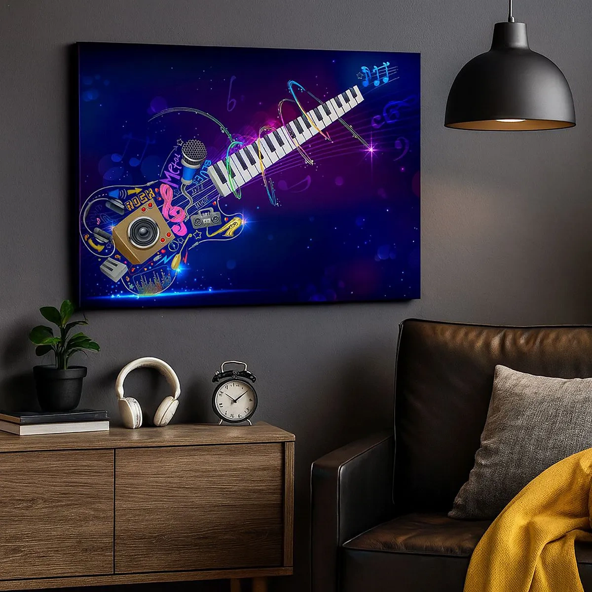 Impression sur toile - Image sur toile - Une guitare colorée avec un clavier et un microphone sur un fond sombre. - 70x50cm - Et tout va bien - Décoration murale moderne pour le salon et la chambre ARTTOR