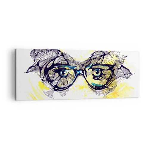 Impression sur toile - Image sur toile - Graphiques artistiques de lunettes aux yeux expressifs - 140x50cm - À travers des lunettes bleues - Décoration murale moderne pour le salon et la chambre ARTTOR