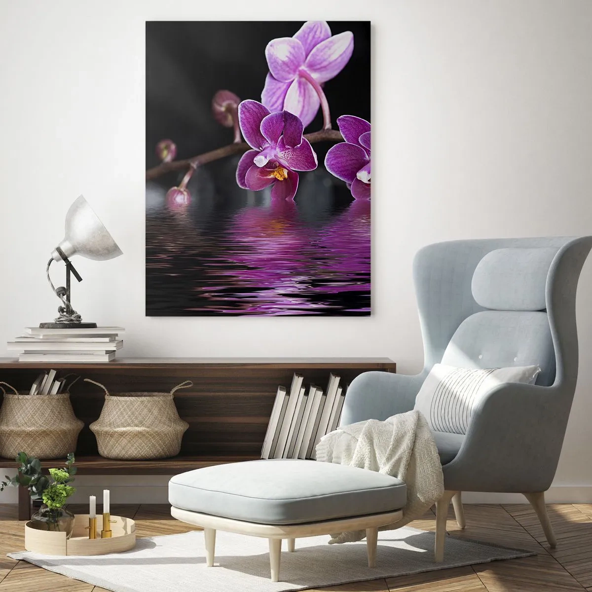 Impression sur verre - Image sur verre - Orchidées violettes se reflétant dans l'eau - 50x70cm - Reflet lilas de la beauté - Décoration murale moderne pour le salon et la chambre ARTTOR