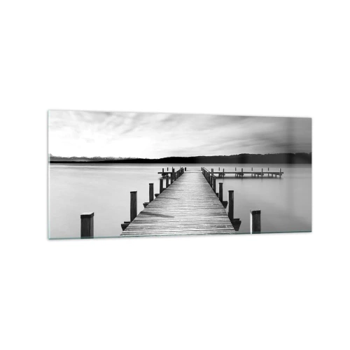 Impression sur verre - Image sur verre - Une jetée noire et blanche sur un lac calme - 120x50cm - Au point d'eau - la paix - Décoration murale moderne pour le salon et la chambre ARTTOR