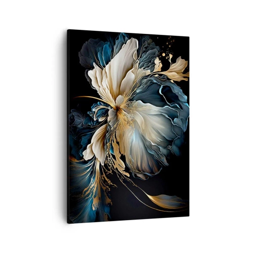 Impression sur toile - Image sur toile - Une fleur dans les tons or et bleu marine sur fond noir - 50x70cm - Fleur de fougère de conte de fées - Décoration murale moderne pour le salon et la chambre ARTTOR