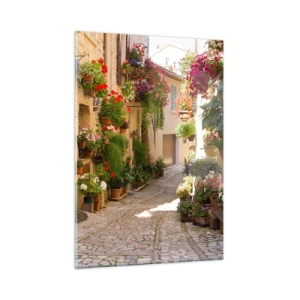 Impression sur verre - Image sur verre - Une rue pittoresque avec des fleurs en pot - 50x70cm - Une inondation de fleurs  - Décoration murale moderne pour le salon et la chambre ARTTOR