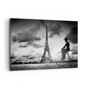 Impression sur toile - Image sur toile - Image en noir et blanc d'un vélo rétro avec la tour Eiffel en arrière-plan - 100x70cm - Nostalgie de la Belle Epoque - Décoration murale moderne pour le salon et la chambre ARTTOR