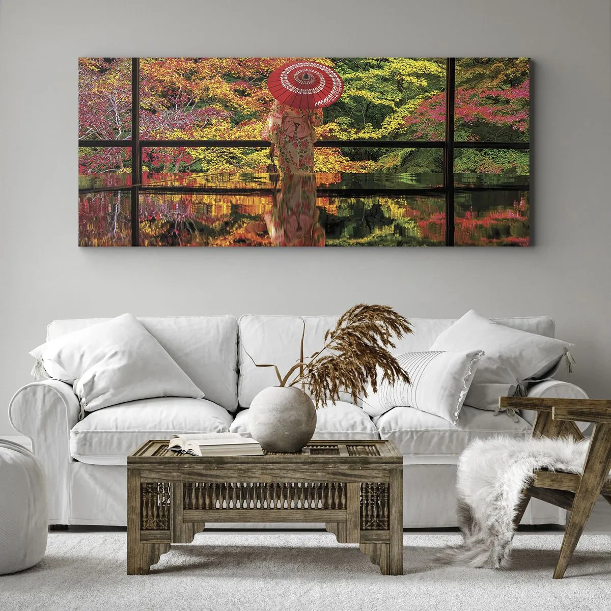 Impression sur toile - Image sur toile - Une femme en kimono avec un parapluie sur fond de paysage d'automne. - 160x50cm - Dans le temple de la nature - Décoration murale moderne pour le salon et la chambre ARTTOR