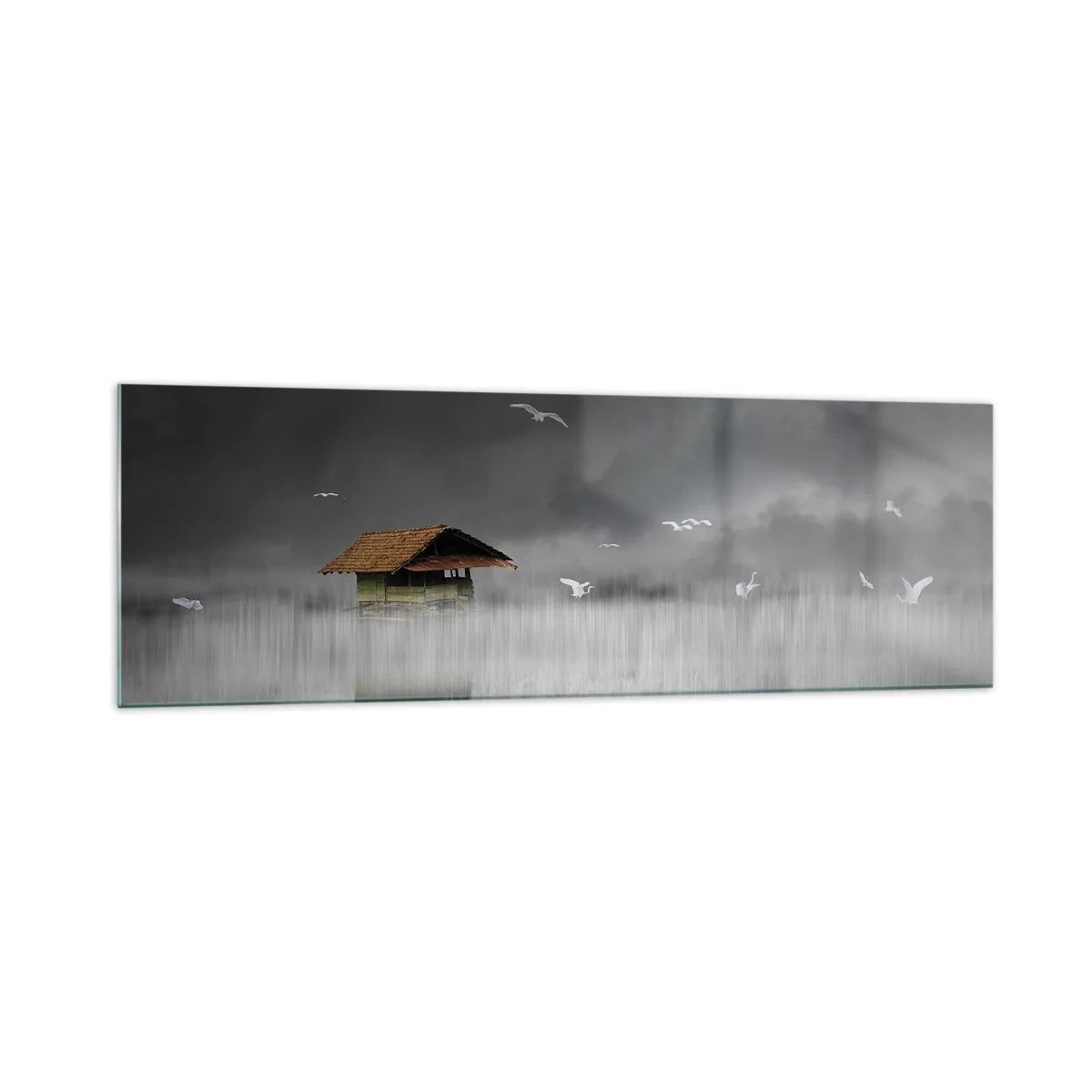 Impression sur verre - Image sur verre - Un chalet solitaire sur l'eau entouré de brouillard et d'oiseaux - 160x50cm - A l'abri de la pluie - Décoration murale moderne pour le salon et la chambre ARTTOR