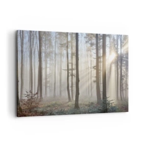 Impression sur toile - Image sur toile - Une forêt dans un léger brouillard avec des rayons de soleil qui brillent à travers les arbres - 100x70cm - Le brouillard s'est aussi réveillé - Décoration murale moderne pour le salon et la chambre ARTTOR