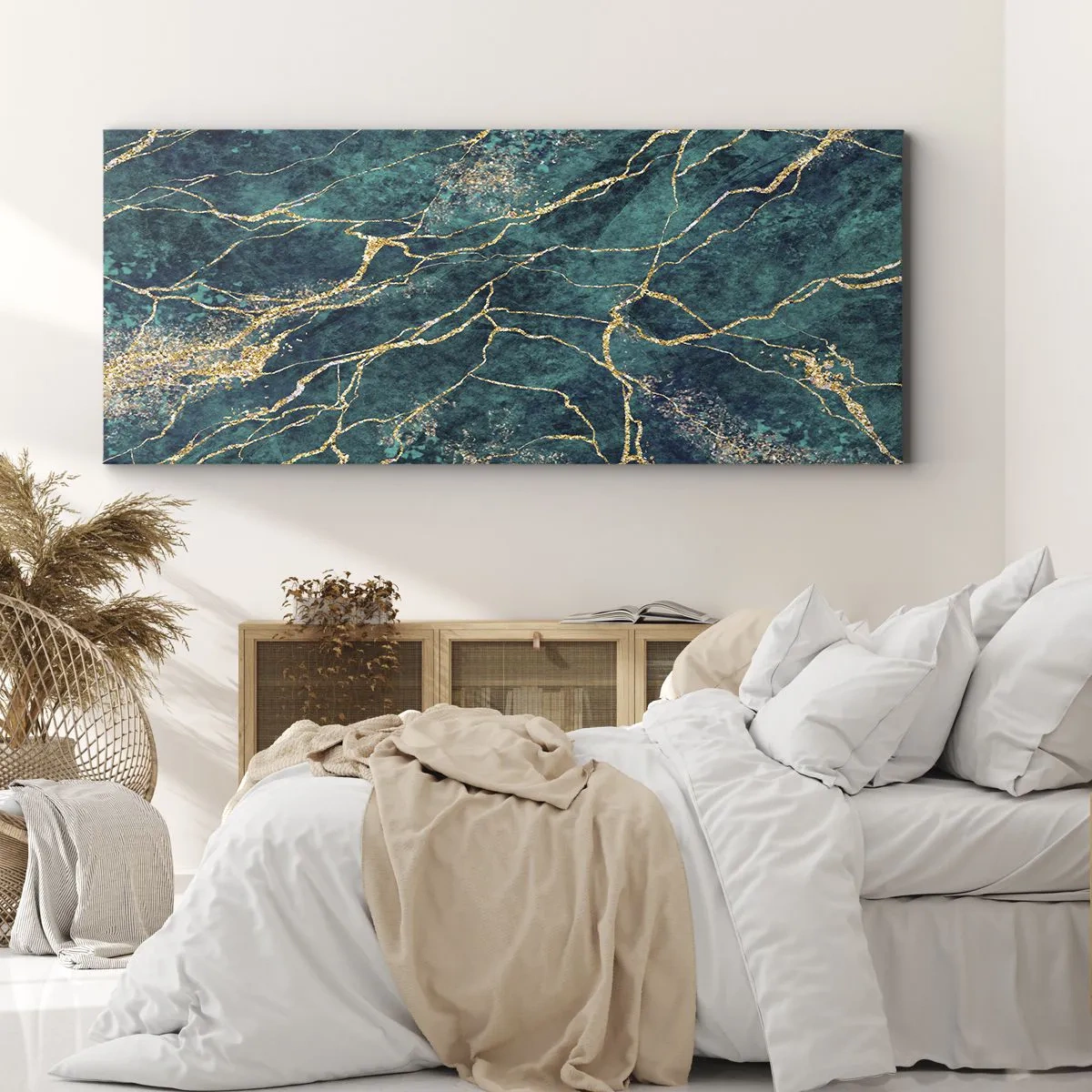 Impression sur toile - Image sur toile - Motif de marbre texturé dans des tons turquoise et or - 140x50cm - Mine d'or - Décoration murale moderne pour le salon et la chambre ARTTOR