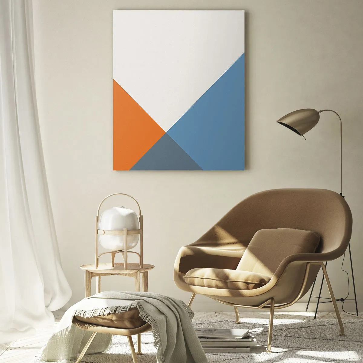 Impression sur verre - Image sur verre - Triangles géométriques dans les tons de bleu et d'orange - 70x100cm - Sous cette angle.... - Décoration murale moderne pour le salon et la chambre ARTTOR