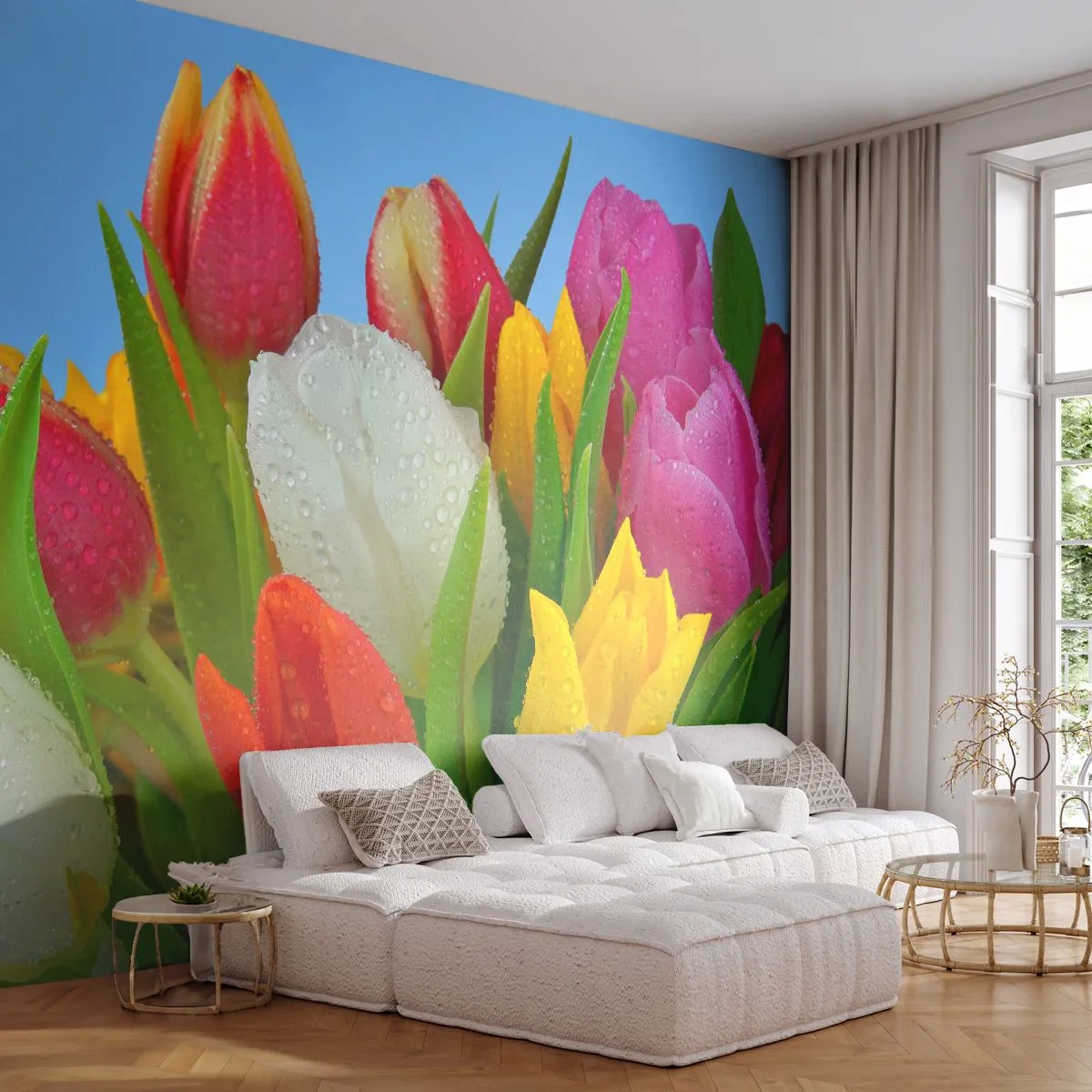 Papier Peint Photo Standard Eco - Un arc-en-ciel fleuri en gouttes de rosée - Tulipes, Fleurs, Bouquet de fleurs - 150x105 cm