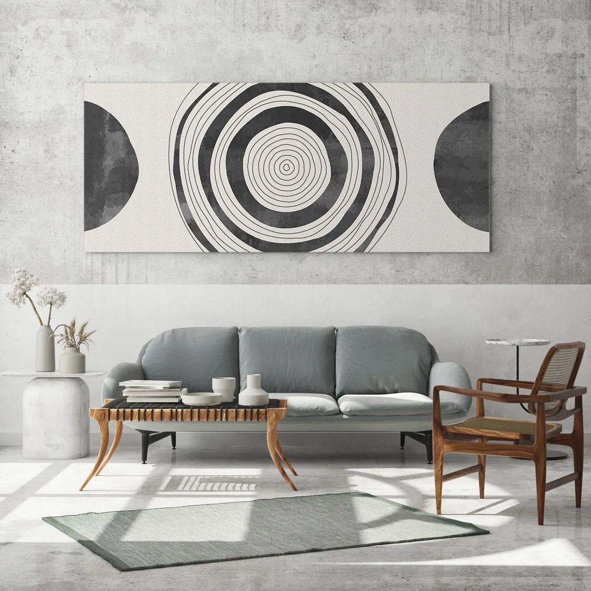 Impression sur verre - Image sur verre - Cercles minimalistes noirs et blancs sur fond clair - 160x50cm - Ce qui est important c'est ce qu'il y a entre les deux - Décoration murale moderne pour le salon et la chambre ARTTOR